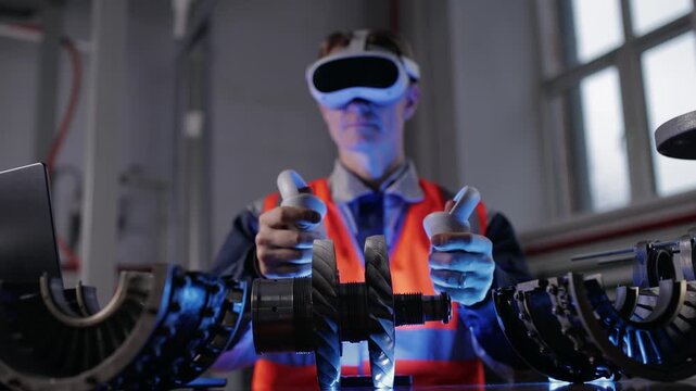 Caucasian male engineer using vr with controllers for advanced mechanical design in industrial setting, blue neon light.