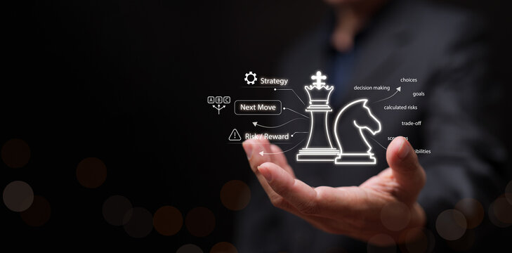 Business strategy and plan concept. Businessman holding chess King and Knight. Strategic planning, decision making, competitive advantage, problem solving, leadership management, evaluating next move