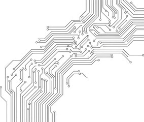 Abstract Circuit Board Pattern: Black Lines and Circles on a Light Grey Background
