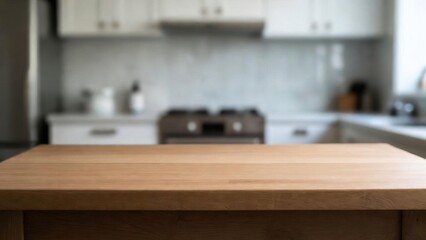 Modern kitchen interior with wooden countertop and blurred background