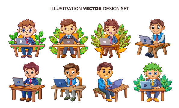 Children Characters Working on Laptops in Nature inspired Style