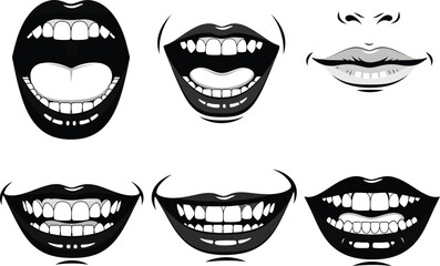 Graphic illustration featuring diverse mouth and lip styles in black and white, perfect for representing conversation and emotion.