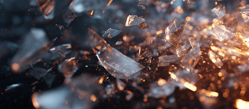 Shattered glass shards flying in the air