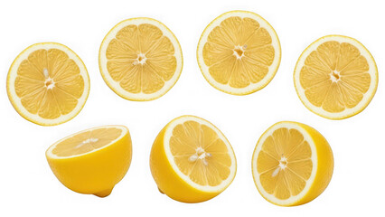 Obraz premium Collection of fresh yellow lemon slices and fruit halves with seeds isolated on transparent background