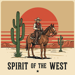 Western Cowboy Illustration &ndash; Horse Rider in Desert Landscape for Vintage, Wild West & Poster Design