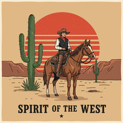 Western Cowboy Illustration &ndash; Horse Rider in Desert Landscape for Vintage, Wild West & Poster Design