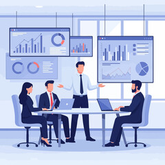 Business Meeting Illustration &ndash; Professional Team Discussion with Data Analytics for Office & Corporate