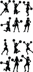 Obraz premium Black cheerleader silhouettes set with pom poms jumping and dancing in various poses for sports team support youth cheerleading and athletic spirit graphics