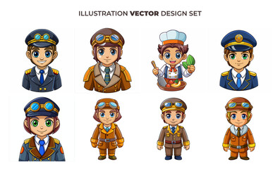 Naval Officer, Pilot, Chef, and Firefighter Cartoon Characters Set