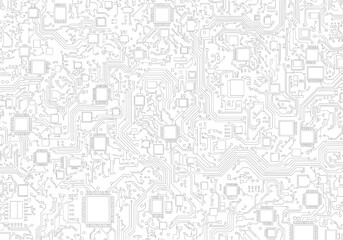 Intricate monochrome pattern of a printed circuit board, showcasing the complexity of modern electronics and technology.