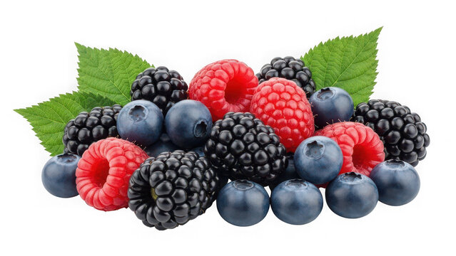 Assortment of fresh mixed berries including raspberries blueberries and blackberries isolated on transparent background