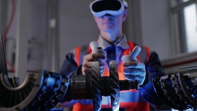 Caucasian young male engineer using vr with controllers technology in industrial equipment inspection.