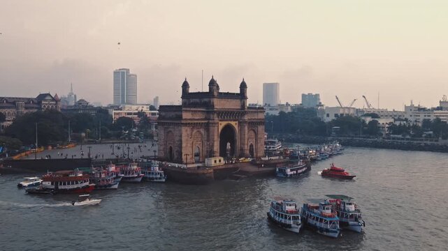 Aerial View of Gateway of India and Old Mumbai Cityscape in Early Morning