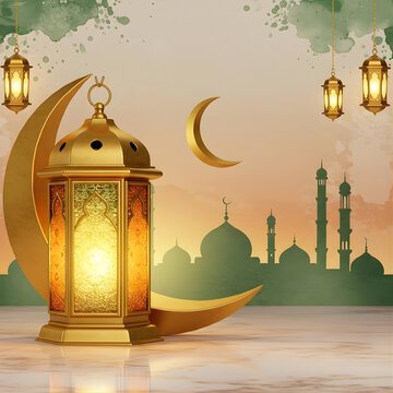 Golden lantern on crescent moon with mosque silhouette at sunset ramdan mubarak background
