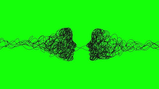 Abstract psychological tangle lines loop animation on green screen background. Two human profiles facing each other. Communication, psychological struggle, mental health, therapy. Chroma key.