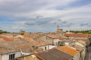 View from the medieval city wall over the old town of Aigues-Mortes in the south of France.