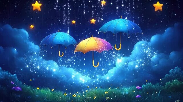 Whimsical night sky with colorful umbrellas and glowing stars in a dreamlike setting