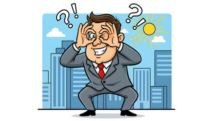 funny businessman looking through binoculars made with hands on city background with question marks on the sides