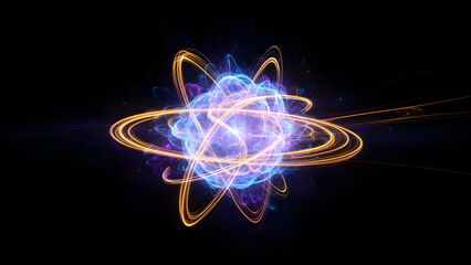 Vibrant abstract energy core radiating light with golden orbiting rings