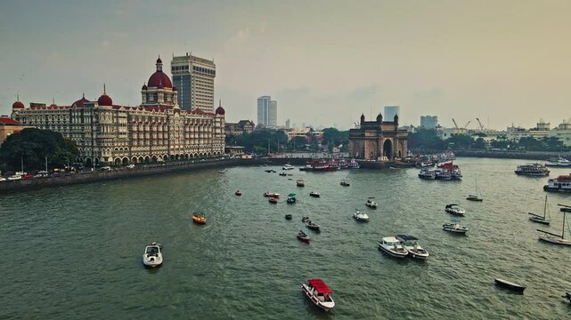 Aerial View of Gateway of India and Old Mumbai Cityscape in Early Morning
