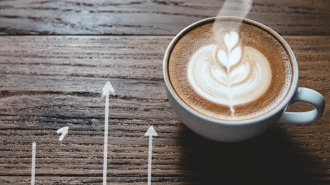 A cup of coffee with latte art and upward trend arrows on a wooden table.