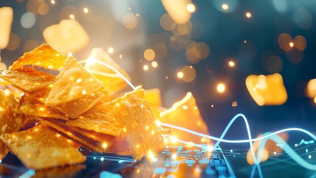 Food Technology: Crispy Golden Snacks with Digital Data Flow and Bokeh Lights