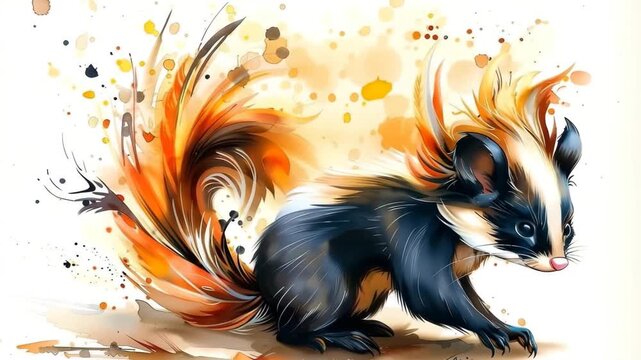 Watercolor Skunk Animation with Fiery Tail and Paint Splatter Effect