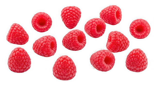 Many fresh red organic raspberries scattered for a healthy berry snack or dessert isolated on transparent background
