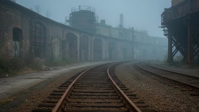 Rusty Train Tracks Leading to Foggy Abandoned Brick Industrial Ruins
