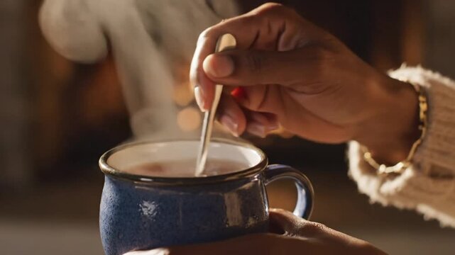 Person stirring warm beverage in a ceramic mug close up shot