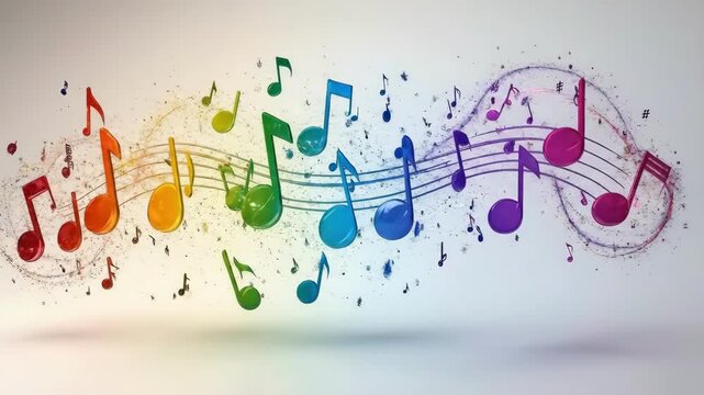 Vibrant colorful musical notes flowing on a light background