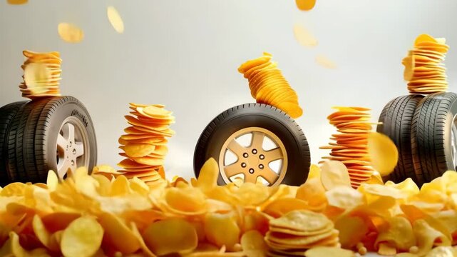 Potato Chips Falling Around Car Tires with Stacked Crisps