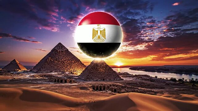 Egyptian flag hovering over pyramids at sunset desert landscape with sandy dunes and river
