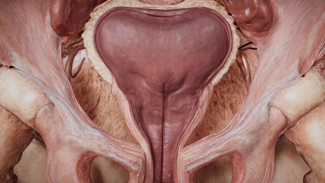 3D rendered anatomical view of the female pelvic region, showcasing the reproductive and skeletal systems