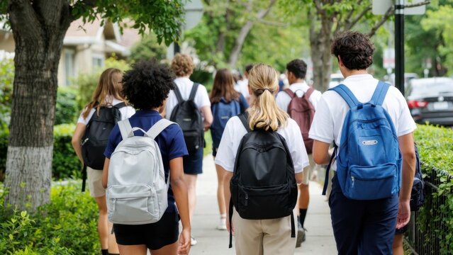 Group of diverse teens walking to school with backpacks