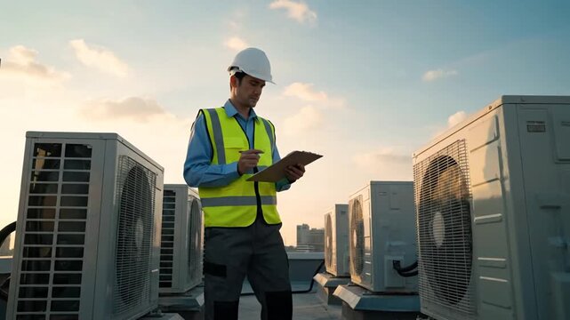 Rooftop technician checks units.