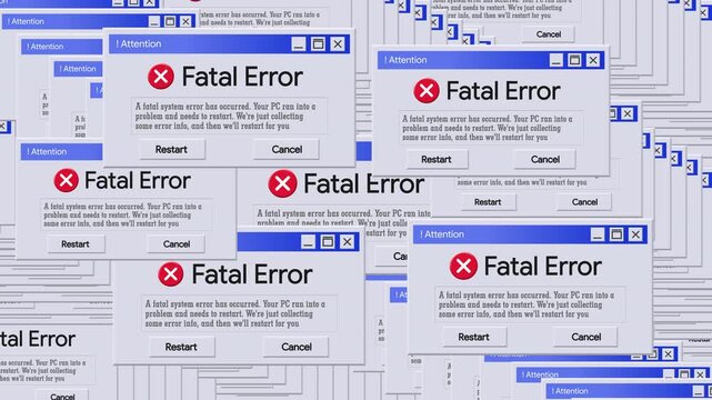 Cascading Windows Fatal Error Overlay. Full Display System Crash Animation on Green Screen Background
