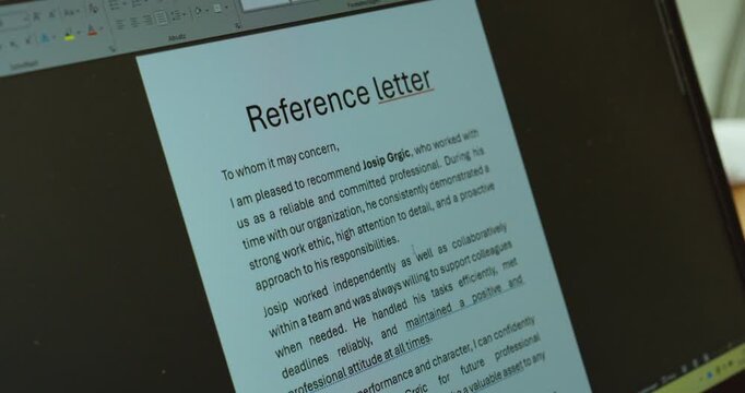 Close-up of a hand pointing at a &ldquo;Reference letter&rdquo; document displayed on a laptop, suggesting review and approval of a professional recommendation. Ideal for HR, recruitment, job applications, and wo