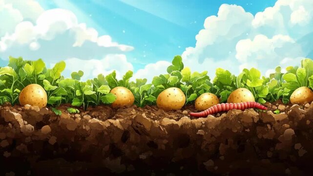 Sunlit garden with potatoes and earthworm beneath lush green leaves