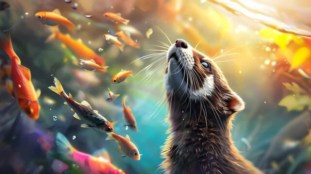 Cute Weasel Underwater with Colorful Fish in Dreamlike Scene