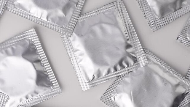Showing packets of silver colored condoms on a white background.