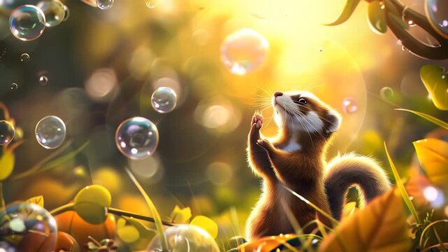 Whimsical Ferret Watching Shimmering Bubbles in Sunny Forest