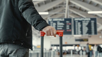 Caucasian adult male holding suitcase in airport terminal with departures board