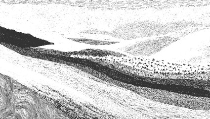 Black and white textured landscape with swirling patterns and stippling hills © ESIPOOS