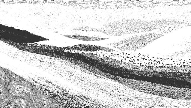 Black and white textured landscape with swirling patterns and stippling hills