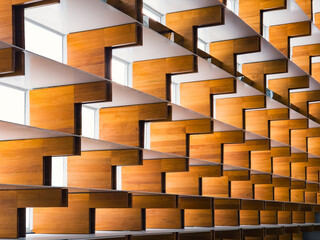 Wooden block Geometric pattern wall art design daylight perspective Architecture details