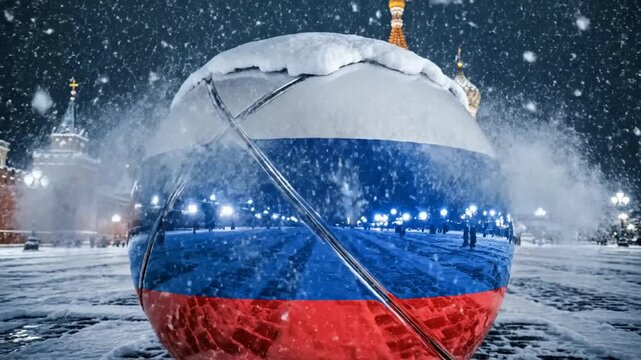 Russian flag ball in snowy Moscow Kremlin at night with colorful onion domes and historic buildings in background during snowfall