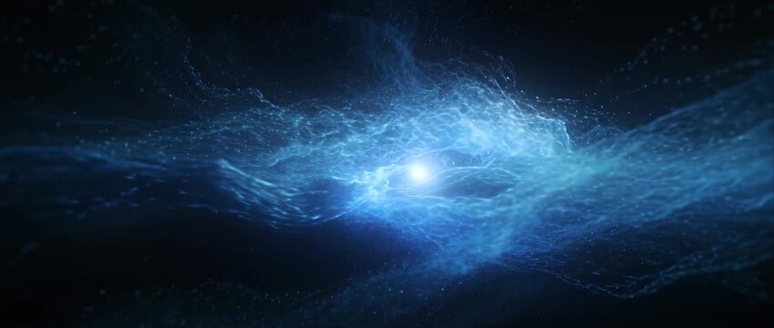 Nebula galaxy space cosmic blue light energy wave particles drifting through star dust with glowing plasma streams, luminous swirl across dark cosmos, futuristic science technology motion background