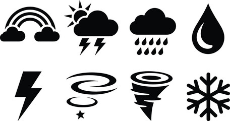 Black and white weather set with rainbows clouds lightning and snowflakes