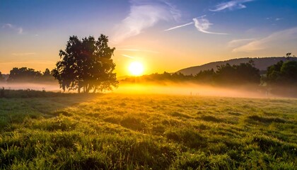 Fototapeta premium Golden sunrise bathes a misty meadow with a vibrant, colorful glow over distant hills